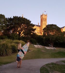 Saga after a surf during her semester abroad